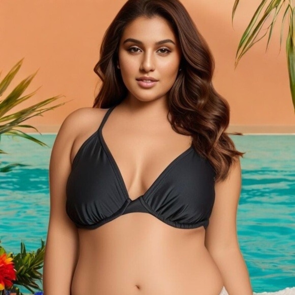 WINGS Black Nylon Spandex DD Cup Drawstring Swim Bra Top Womens Swimwear VG